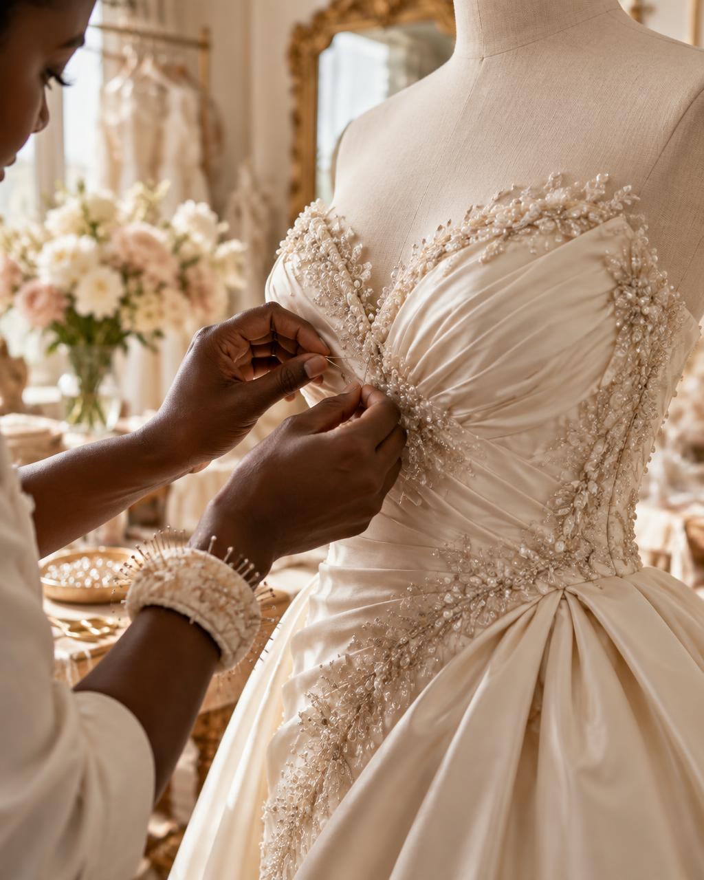 A couture dressmaker carefully finishing an ivory bridal bodice
