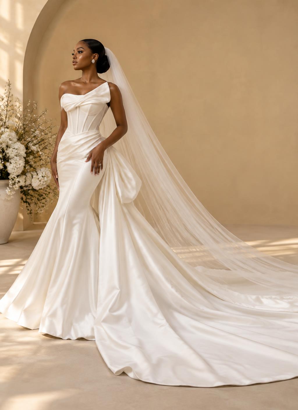 Bride in an architectural ivory gown with a long train