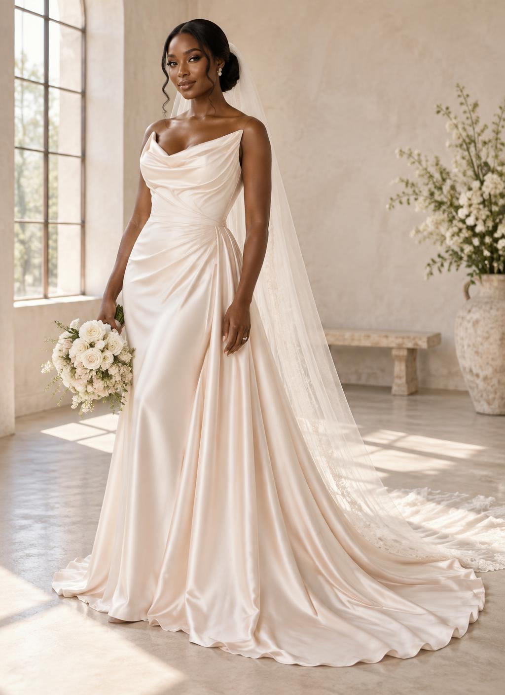 Bride in a flowing draped silk wedding gown