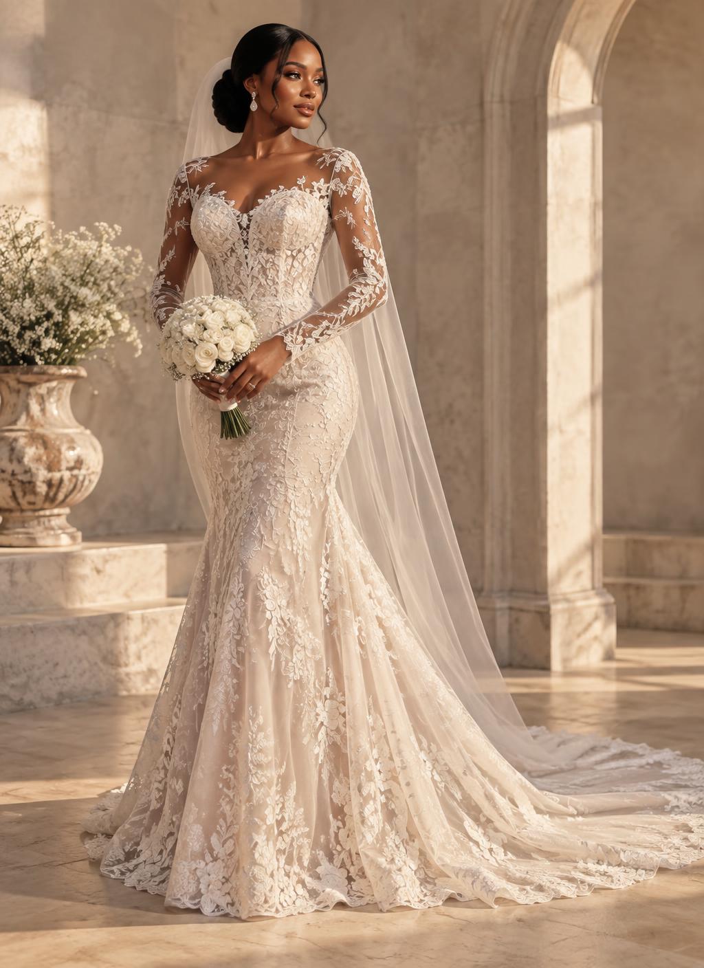 Bride in a delicate long-sleeved lace wedding gown